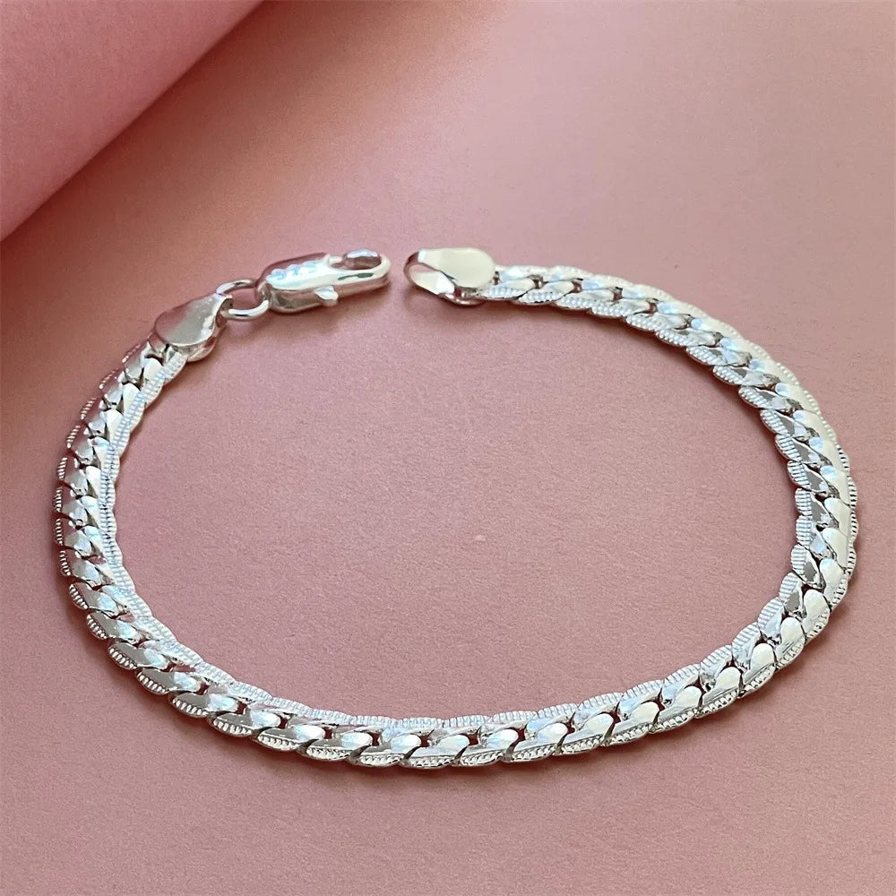 Hot 925 Silver Bracelet 20cm Flat Side Chain Lobster Clasp For Woman Man Wedding Engagement Jewelry Qme