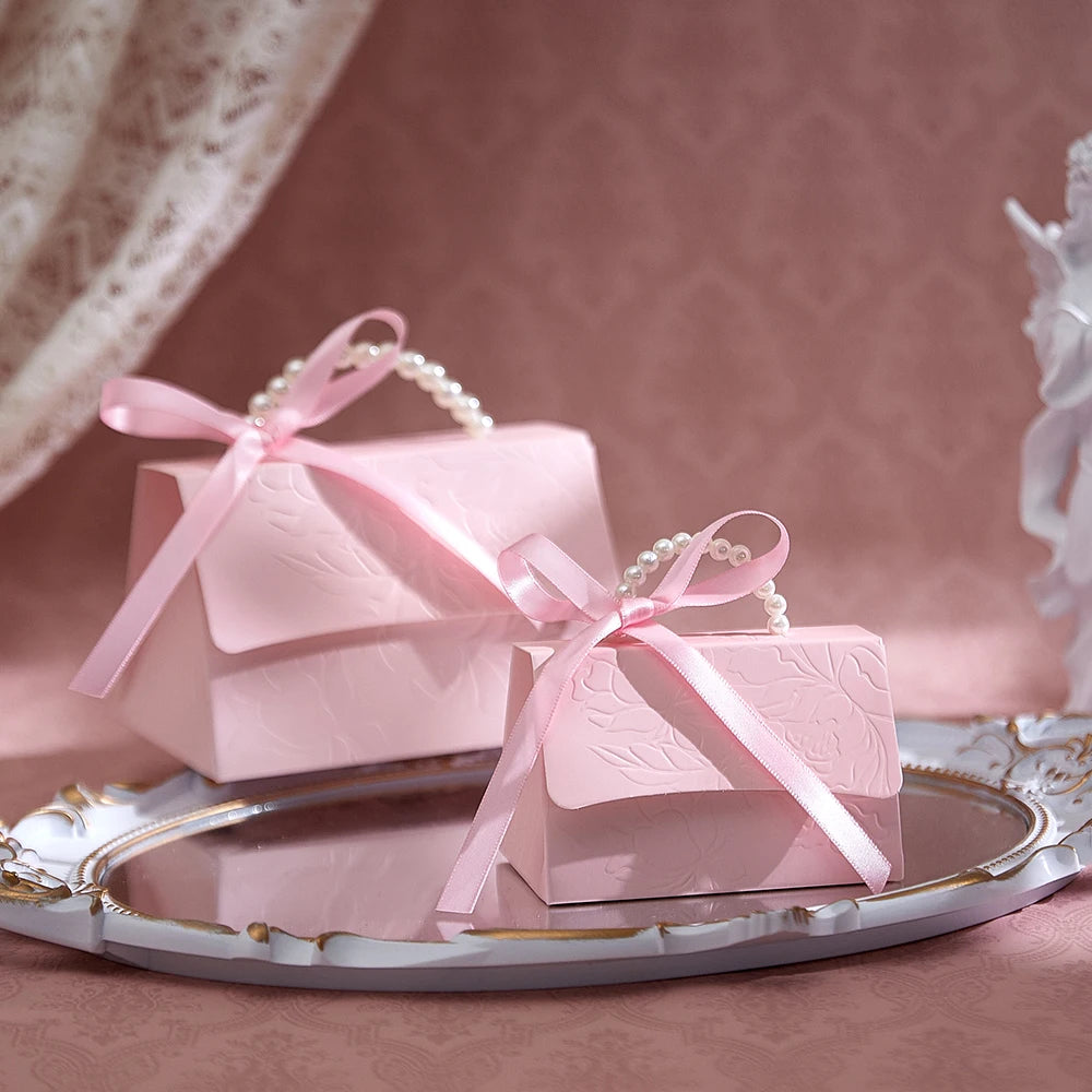 10Pcs Pink Paper Gift Box, Concave and Convex Three-Dimensional Flower Design, with Pearl Handle, Used for Party Holiday Gift Pa Qme
