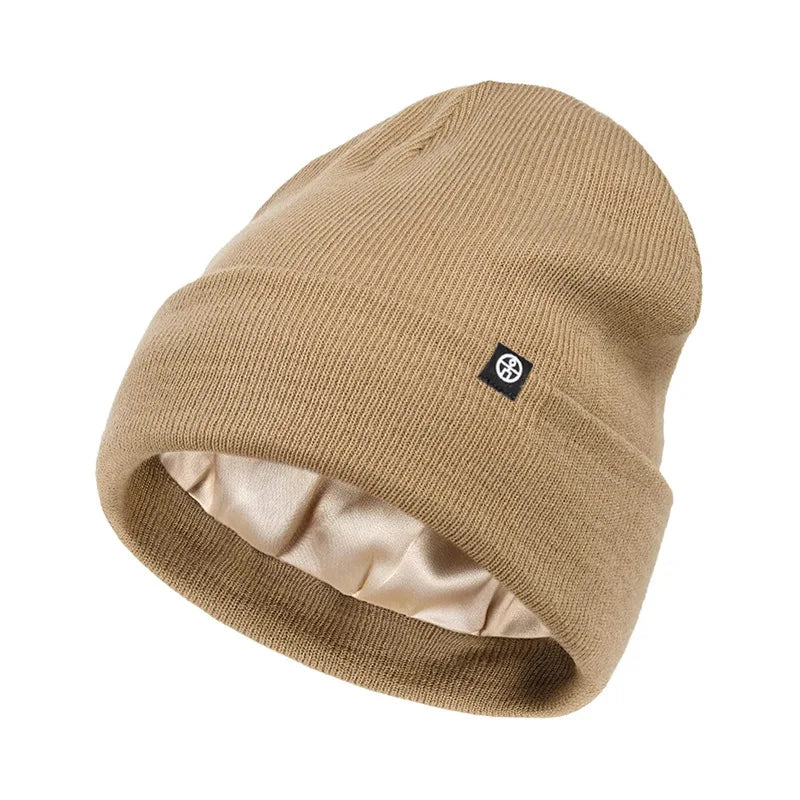 Caps Men Women Knitted Solid Silk Lined Hats Winter Outdoor Qme Khaki One Size