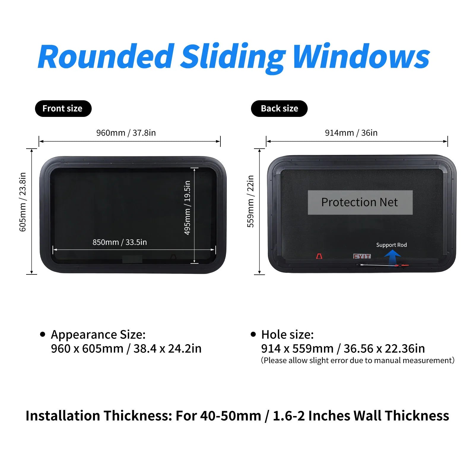 RV Exit Window Rust Proof 914*559mm Increased Privacy UV Tempered Glass with Screen & Trim Kit Pop-Out Egress for Trailer Camper Qme