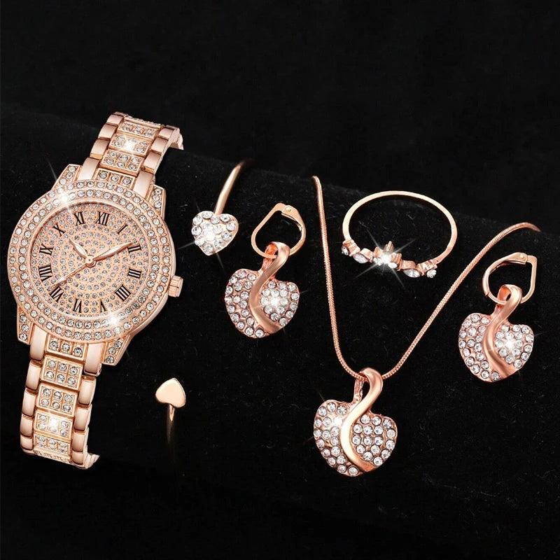 Women's Quartz Watch Gold Luxury Women Ring Necklace Earring Rhinestone Fashion Wristwatch Casual Ladies Watches Jewelry Set Qme Pink