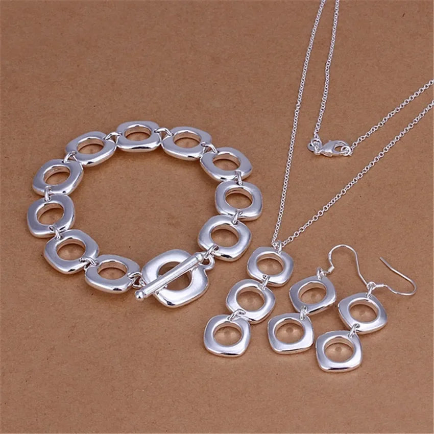 Hot New 925 Sterling Silver Square Pendant Bracelet Necklace Earrings Jewelry Set for Women Fashion Party Christmas Gifts Qme SET 55cm and 20cm