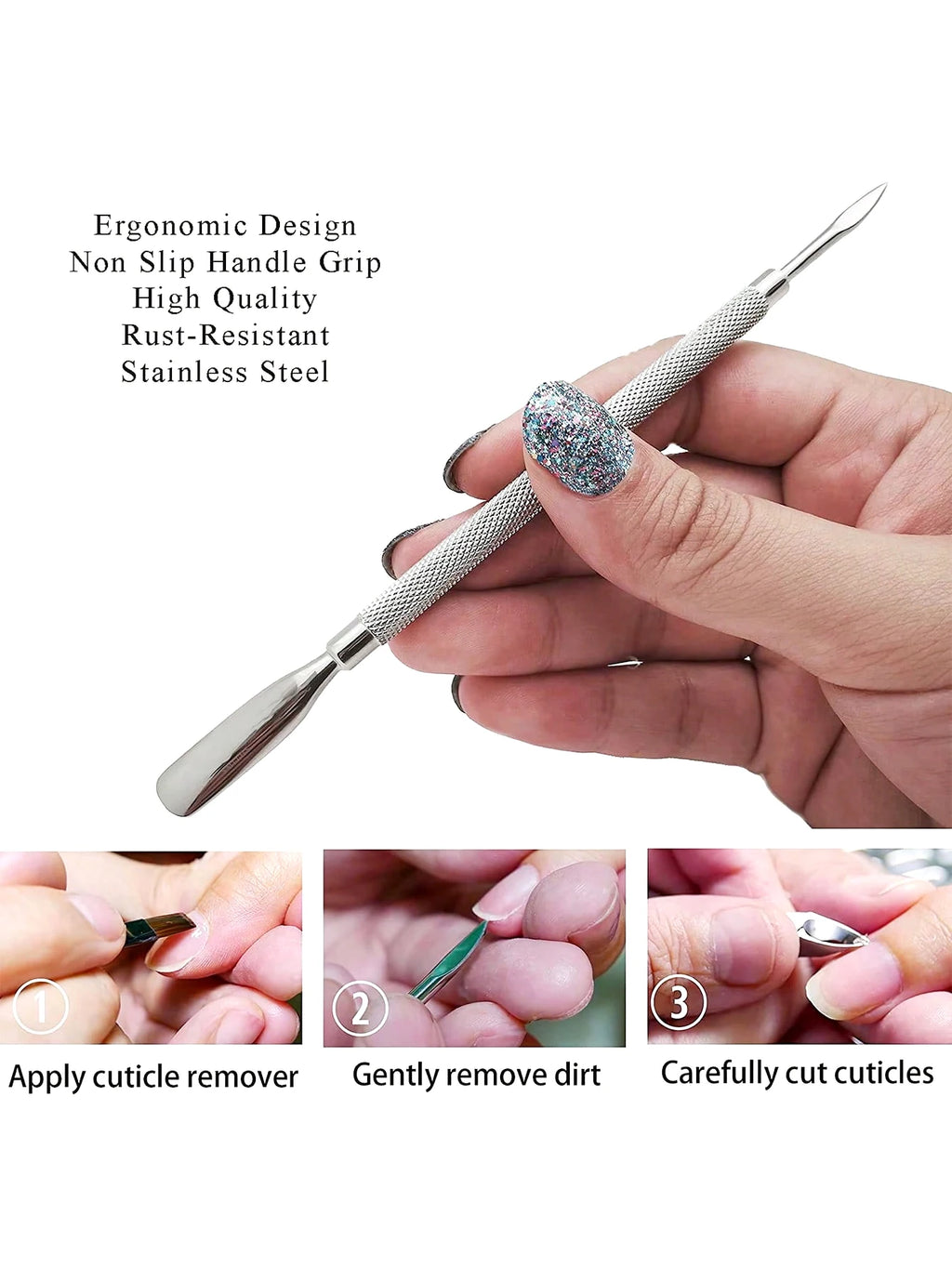 Cuticle Pusher Double Sided - Sharp Edge Spoon Shaped Dual Ended Cuticle Pusher Remover Clean Stainless Steel Manicure Pedicure Qme
