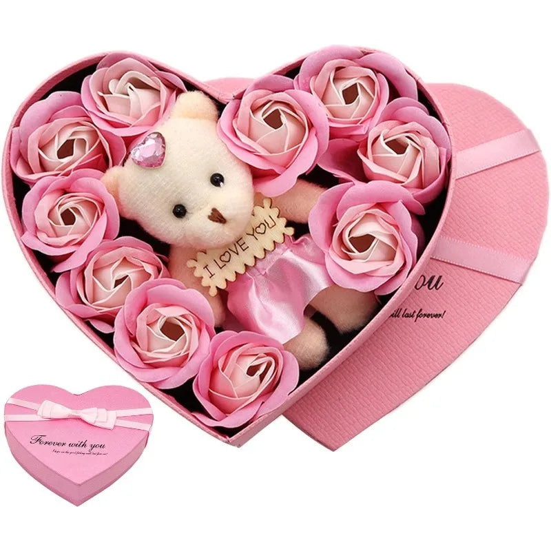 Valentine's Day 10 Floral Rose Artificial Flowers 1 Bear Box Qme Style 4