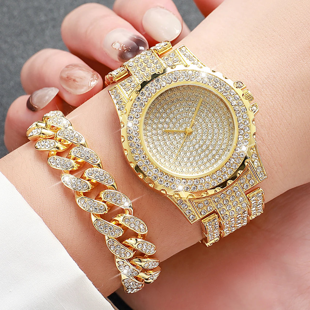 3 Pcs/Set Luxury Full Diamond Men's Watches Gold Steel Band Analog Watch Quartz Necklace Bracelet Set Men's Watch Qme Other