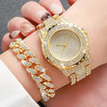 3 Pcs/Set Luxury Full Diamond Men's Watches Gold Steel Band Analog Watch Quartz Necklace Bracelet Set Men's Watch Qme Other