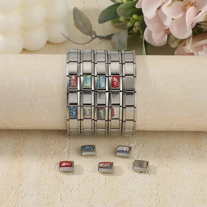 Fashion Colored Color Charm Ferris Wheel Lake City Scenery Italian Link Fit 9mm Stainless Steel Bracelet Jewelry Making DIY Gift Qme