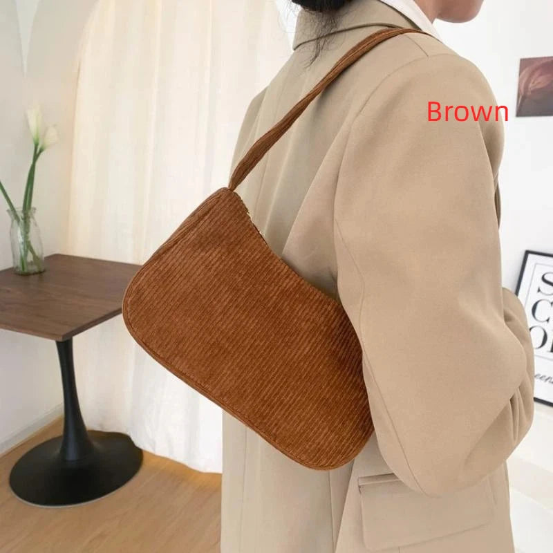 Corduroy Underarm Bag for Women: Solid Color Simple Western Style Spring/Summer Small Square Shoulder Bag for Casual Outfits Qme A1
