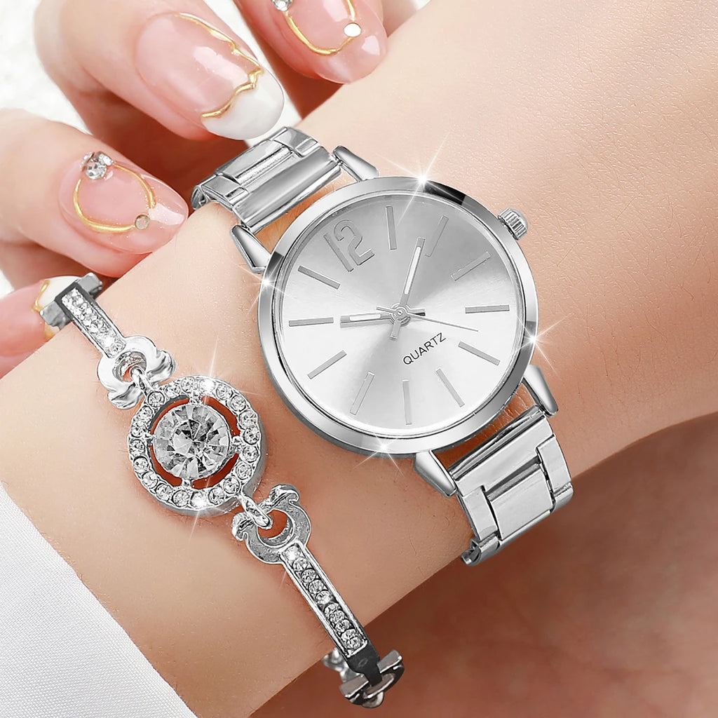6 Pçs/set Mulheres Relógios Moda Banda de Aço Inoxidável Relógio de Quartzo Jóias de Diamante (Sem Caixa) Qme