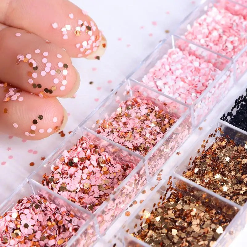 12 Grids Nail Decoration Star Heart Round Shape Art Glitter Sequins Qme