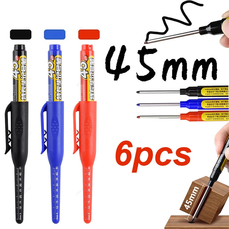 6Pcs 45mm Waterproof Long Head Nib Deep Hole Markers Pen Tile Carpenter Pen Multi-purpose for Woodworking Black/Blue/Red Ink Qme