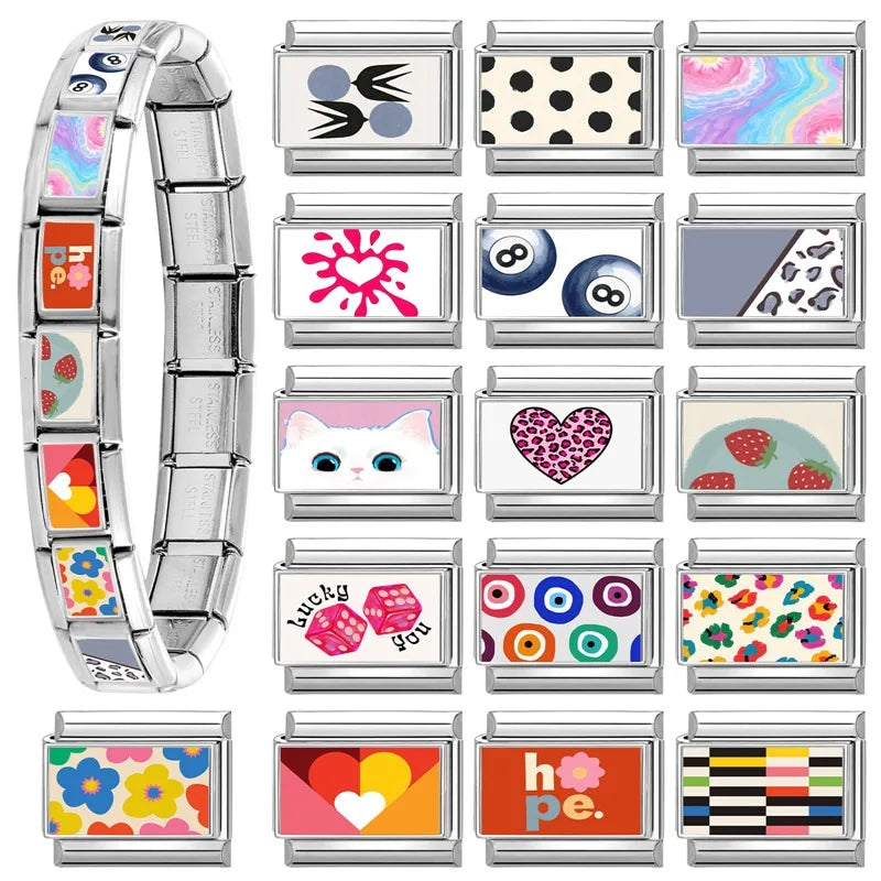 Fashion Women Romantic Heart Lucky you Leopard Polka Point Color Patterns Italian Charm Fit 9mm Stainless Steel Bracelet Jewelry Qme