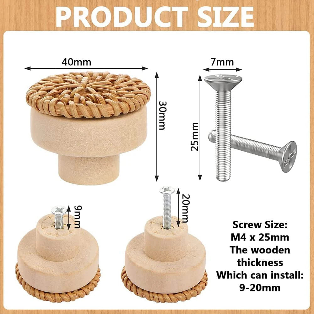 2-48pcs Rattan Wooden Handles Round Handmade Cabinets Drawer Pulls Wood Kitchen Cupboard Wardrobe Door Dresser Knobs Qme