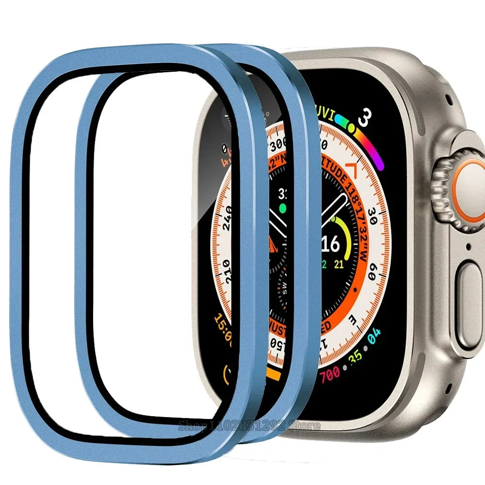 2PCS Tempered Glass For Apple Watch Ultra 49mm Screen Protector Anti-Scratch HD Metal Bumper Full Film for IWatch Ultra 49mm Qme 2PCS Light Blue Ultra 1 2 49MM