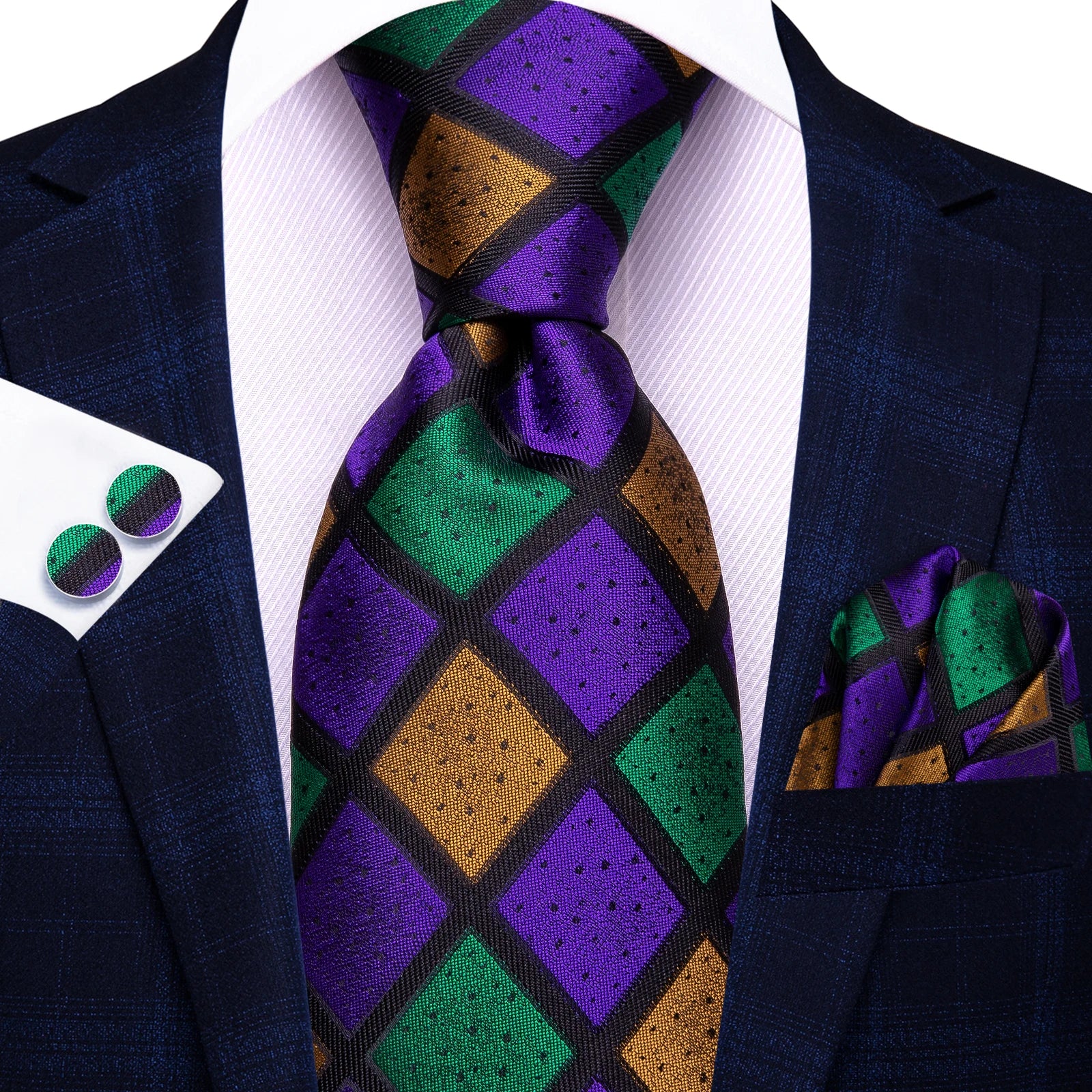 Men Fashion Mixed Color Necktie Set Including Pocket Square & Cufflinks Daily Banquet Wear Qme HT-LDSN3988