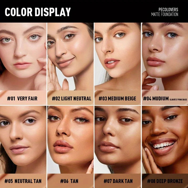 PECOLOVERS Matte Finish Liquid Foundation - Oil-Control, Waterproof, Full Coverage Concealer for All Skin Tones Qme