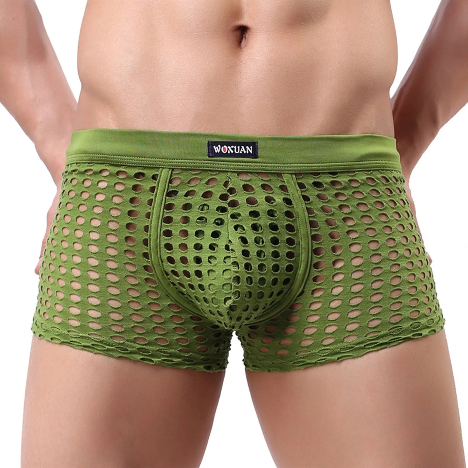 See-through Sexy Mens Mesh Hollowed Out Shorts Underwear Breathable Loose Comfortable Erotic Thongs Qme Green L