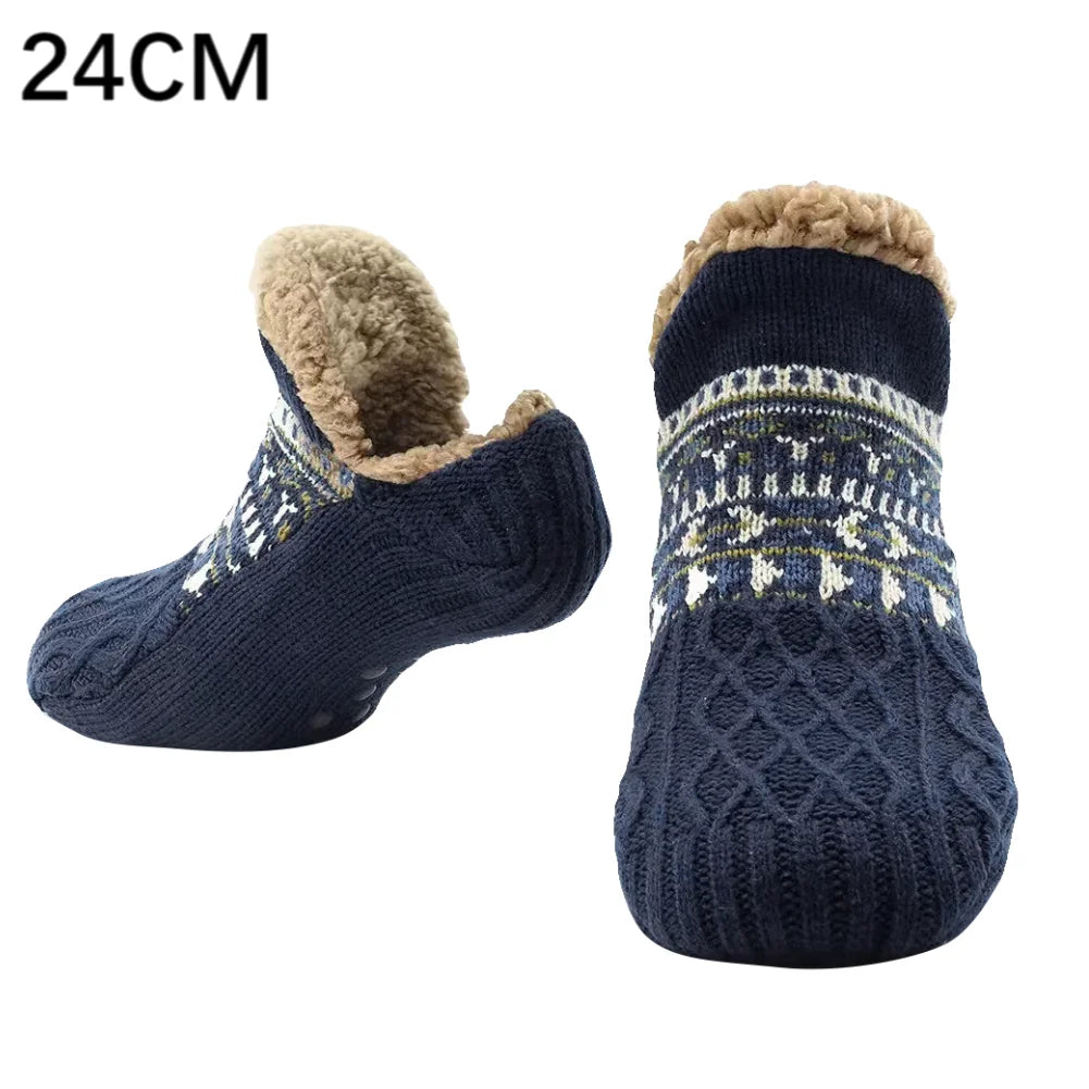 Thickened Floor Socks Women Men Home Slippers Socks Non Slip Knitted Carpet Sock Winter Thermal Sleeping Socks Christmas Gifts Qme Dark Blue 24CM One Size