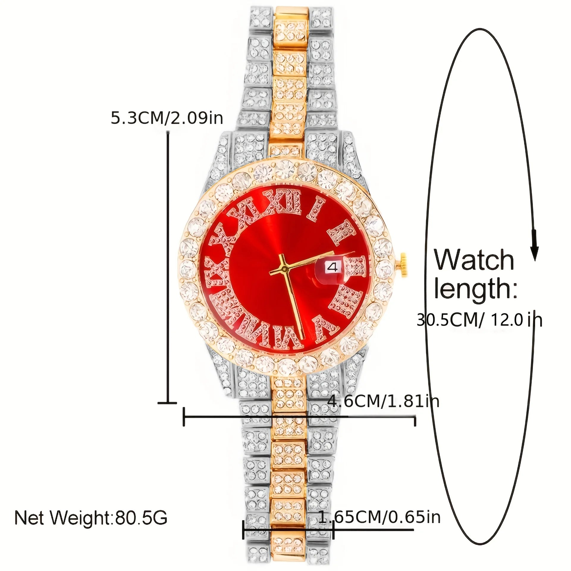 5Pcs Two-tone Iced Out Men's Watch & Jewelry Set, Blue Dial Watch + Cuban Chain + Bracelets + Cross Necklace, Hip Hop Style Qme