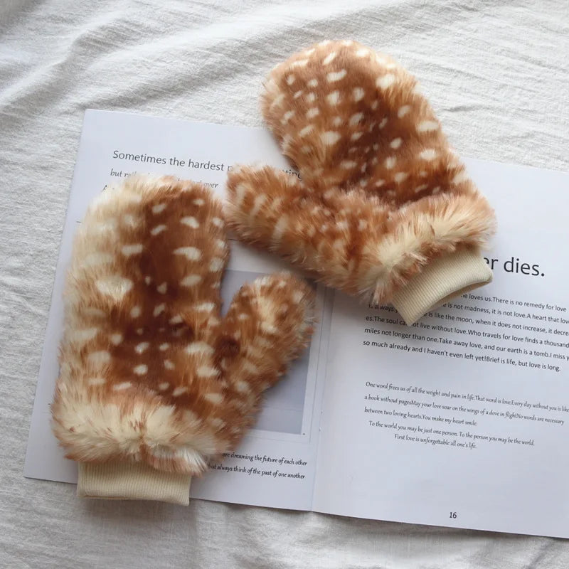 Full Finger Winter Warm Cute Mori Deer Outdoor Plush Gloves Christmas Qme One Size Gloves