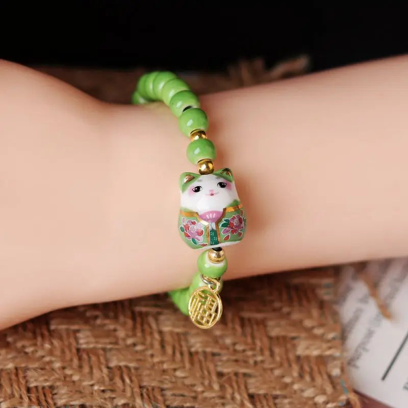 b03 Chinese Style Cute Ceramic Fortune Cat Fu Bracelet Originality Fortune Wish Men Women Red String Bracelet Fashion Jewelry Qme green China Mainland
