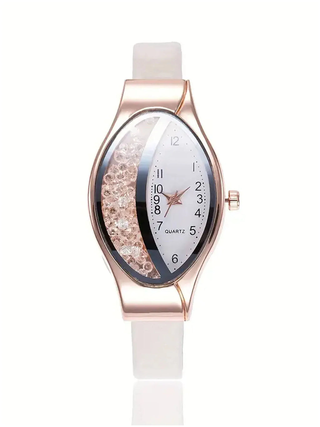 2Pcs Elegant Half Crystal Black Dial Watch Leaf Bracelet Set Qme