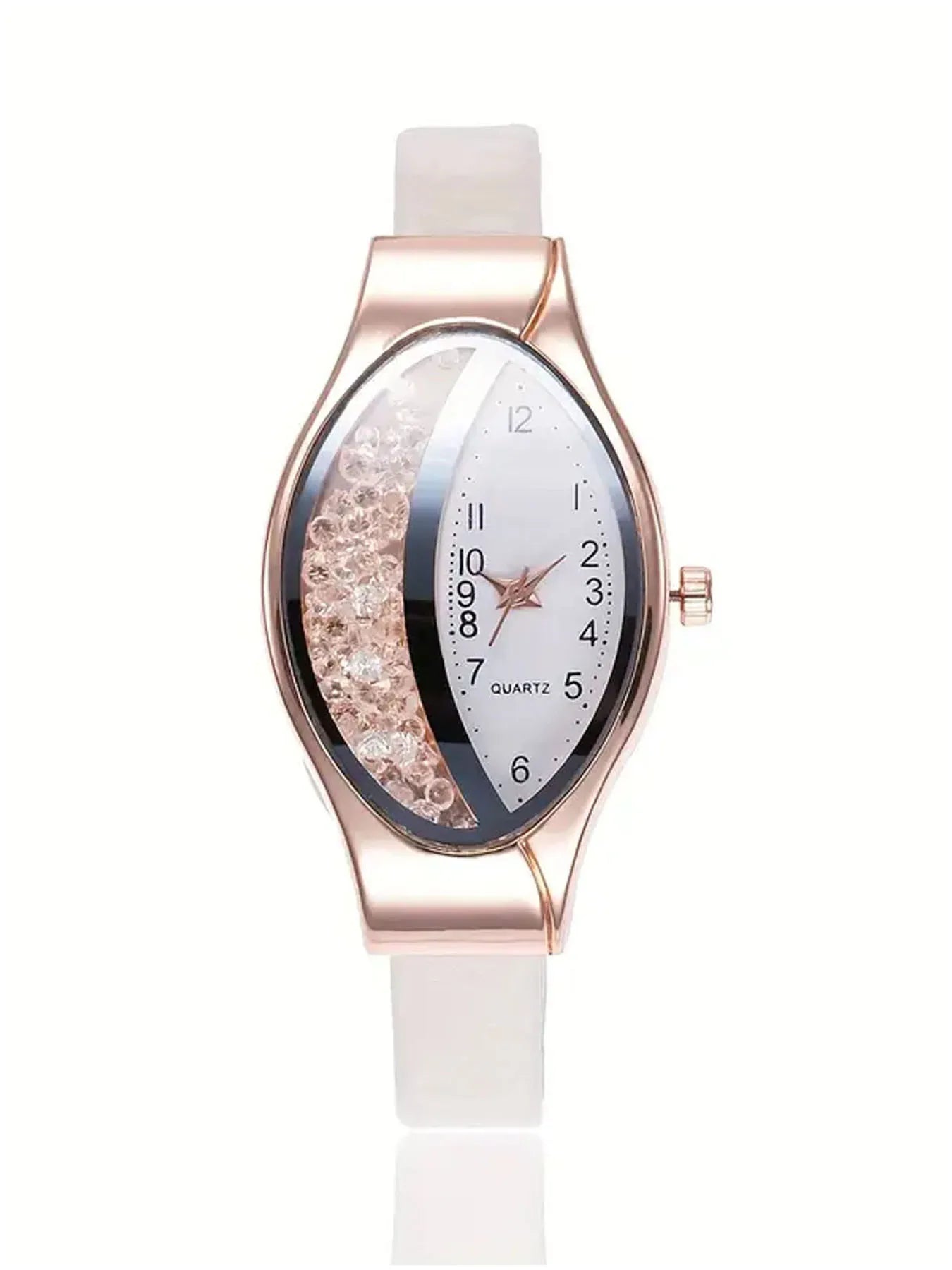 2Pcs Elegant Half Crystal Black Dial Watch Leaf Bracelet Set Qme