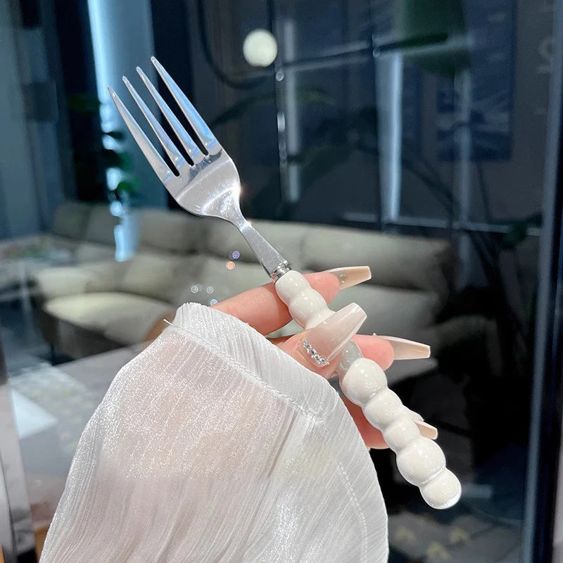 Pearl Handle Fork For Dessert Household Steak Stainless Steel Fork Salad Fork Dessert Pasta Fork Kitchen Accessories Gadgets. Qme A3 White