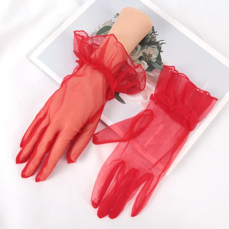 Sexy Transparent Lace Black White Gloves Solid Fashion Women Drive Qme Red