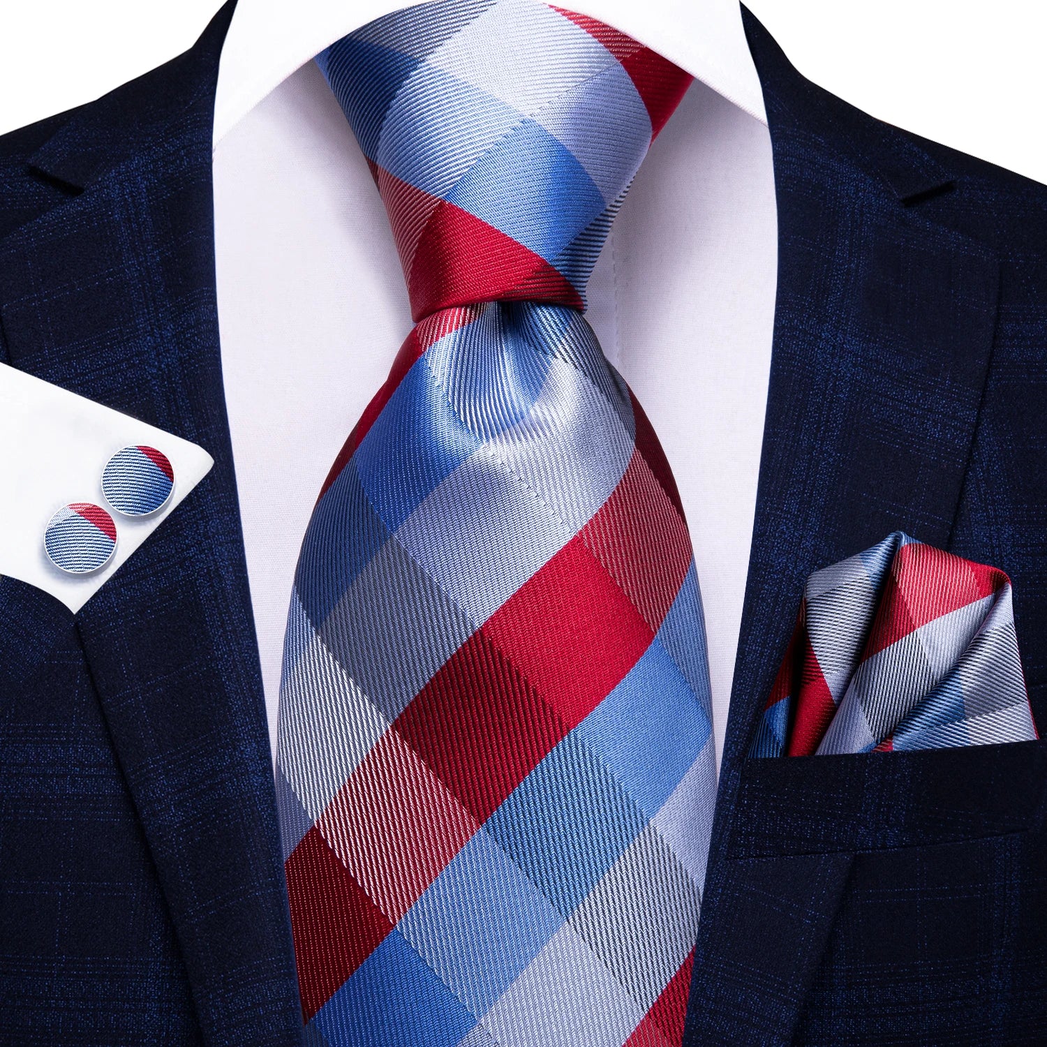 Hi-Tie Fashion 8.5cm Blue Plaid Dots Men's Elegant Tie Handkerchief Cufflinks Set Wedding Party Accessories Gift for Men Gravats Qme N-3375