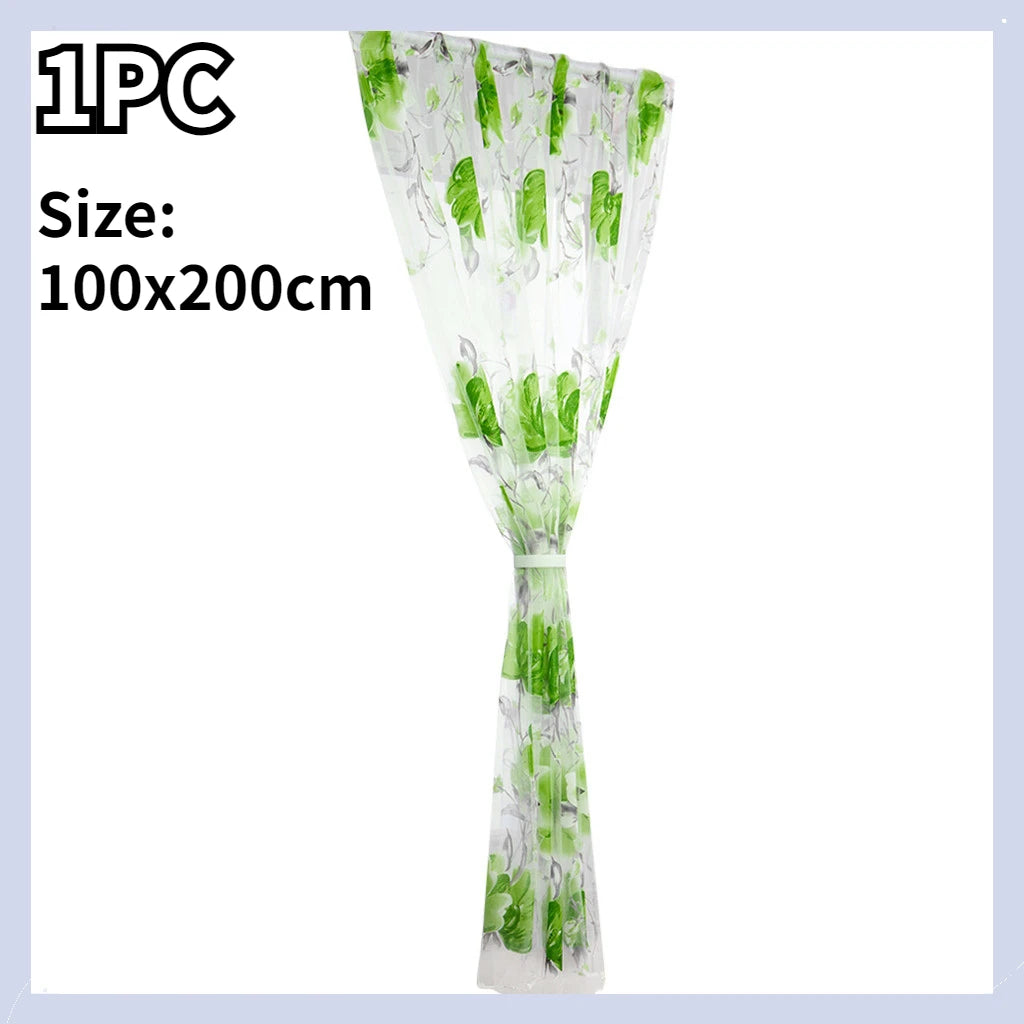 1/2 PCS Vines Leaves Tulle Door Window Curtain Drape Panel Sheer Scarf Valances Colorful Floral Pattern Transparent Curtains Qme light green
