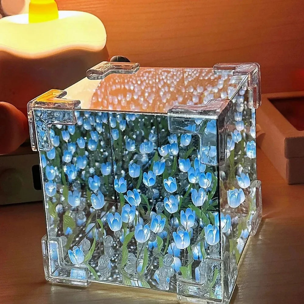 DIY Tulip Mirror Cube Lamp Simulation Flower Bedroom Sleeping Table Qme
