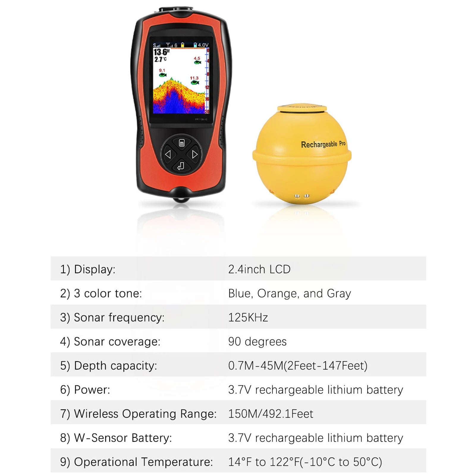 Sounder Fishfinder Portable Fish Finder Transducer Sonar Sensor LCD Screen Sounder with Fish Attractive Lamp Qme