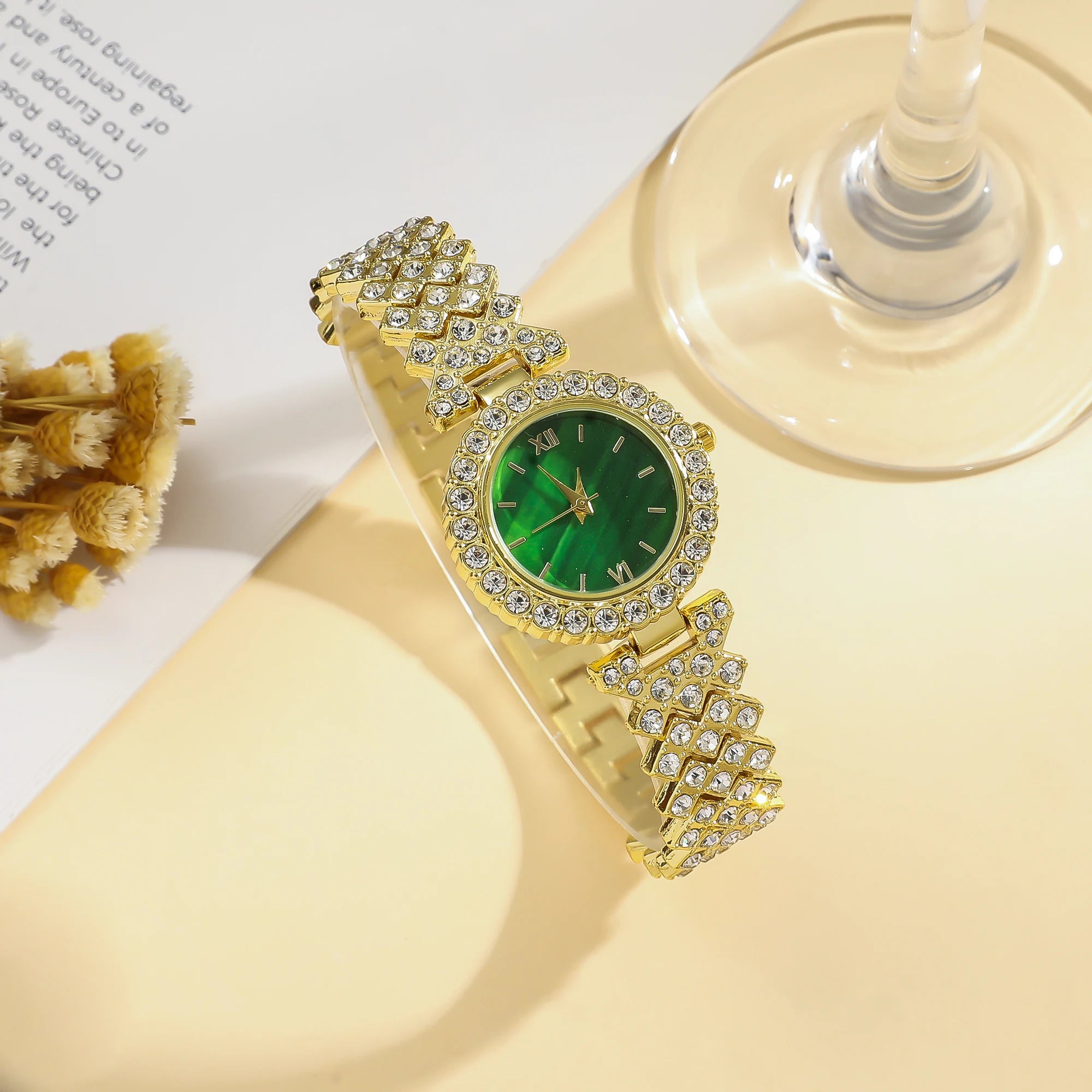 Steel Quartz Watch with Female Simple Fashion Bar Dial + Diamond Love Bracelet Set 6 Units/Set Qme
