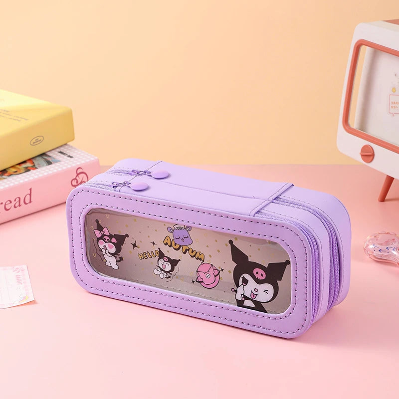 Hello Kitty Kuromi Transparent Double-Layer Pencil Case with Window Large-Capacity, Stylish Pencil Case Student Pencil Case Qme