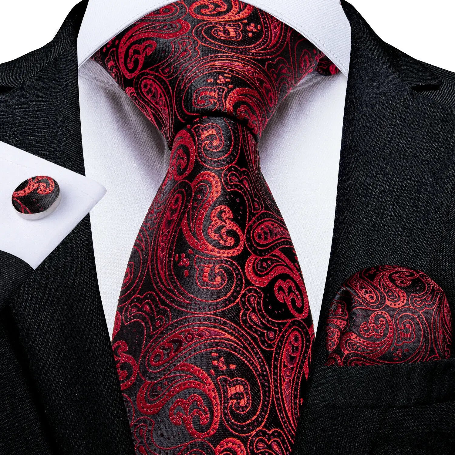 Extra Long Tie Set for Men, 3-Piece Wedding Accessories with Cufflinks & Pocket Handkerchief, Striped/Floral Design Qme DPTH-LDSN3558