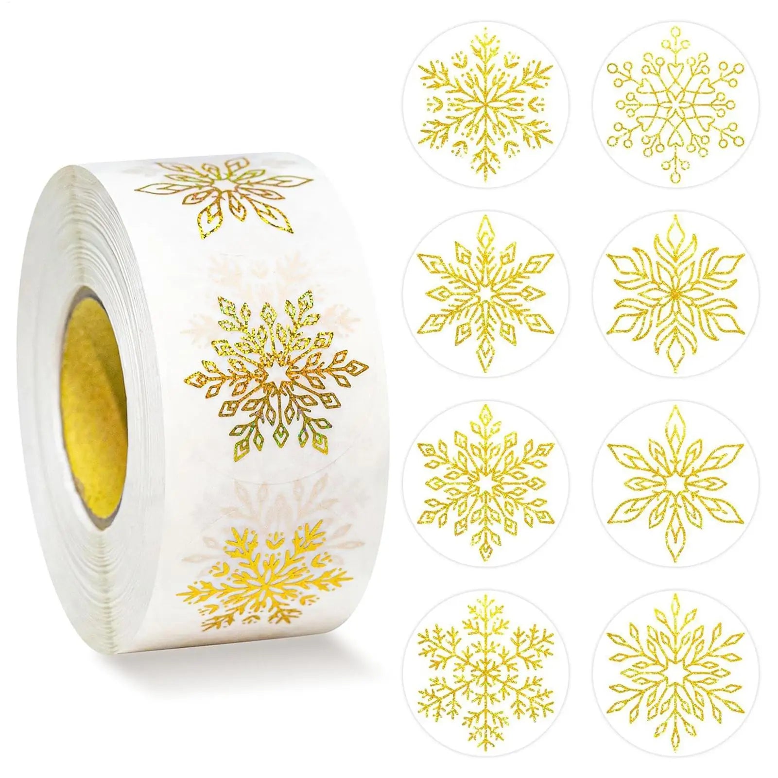Snowflake Stickers Roll 500 Pieces Round Self-Adhesive Transparent Christmas Labels Holiday Crafts Label Roll Envelope Decal Qme
