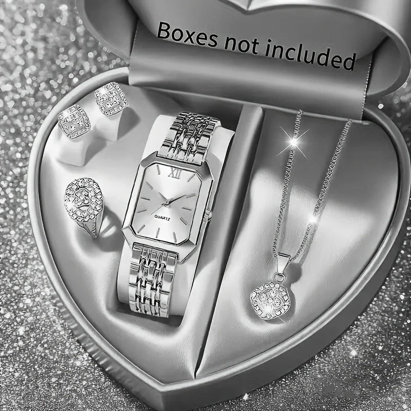 5PCS/Set Elegant Rectangle Women Watches Fashion Roma Dial Ladies Quartz Wristwatch Rhinestone Jewelry Set（Without Box） Qme Silver White No Box