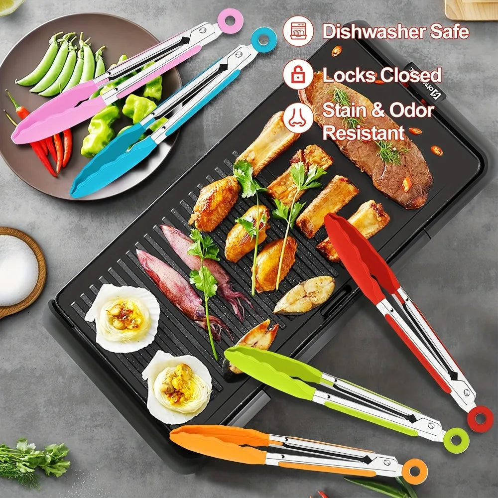 Kitchen Pliers With Stainless Steel Silicone Handle And Nylon Tip Cooking Clip, Heat-resistant And Non Stick Barbecue Clip Lock Qme