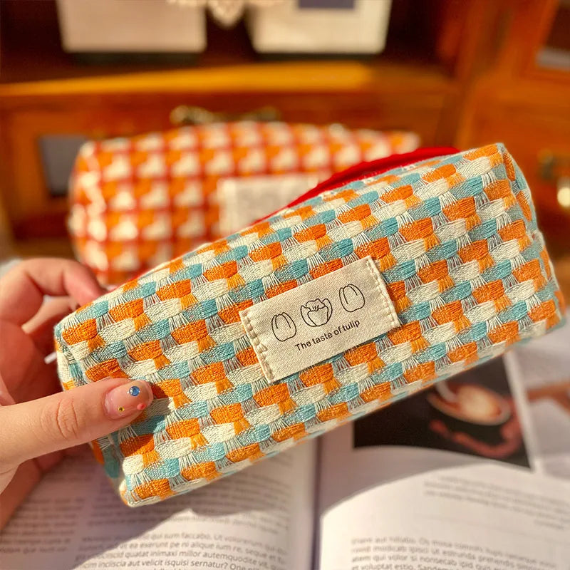 Japanese Rainbow Weave Pouch Simple Large Sturdy Stationery Bag Qme