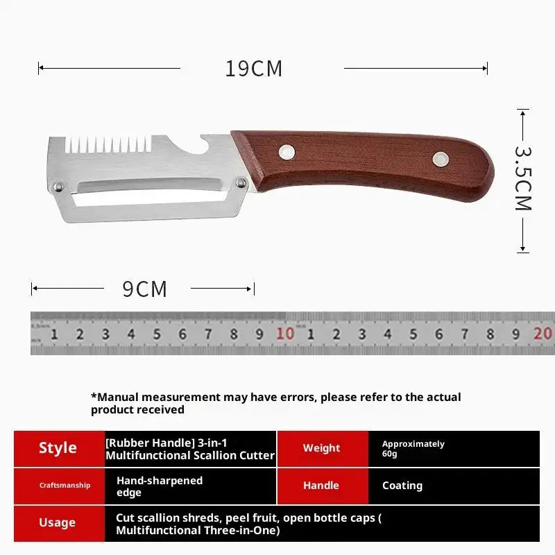 Multifunctional Stainless Steel Peeler Wooden Handle 3-in-1 Scallion Qme plastic handle