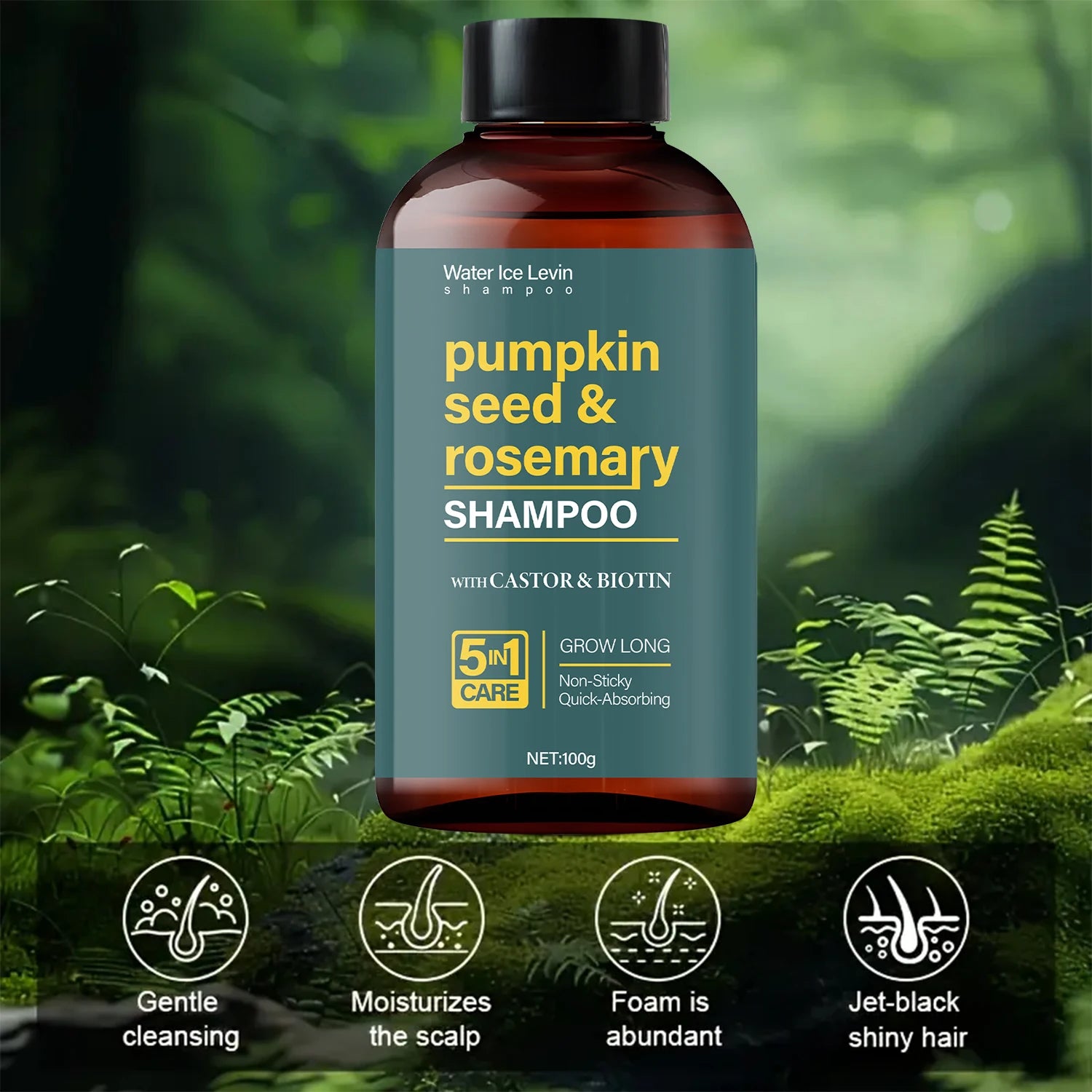Water Ice Levin Pumpkin Seed & Rosemary Shampoo with Castor Oil & Biotin for Hair Growth, 5M Care, Non-Sticky Formula Qme