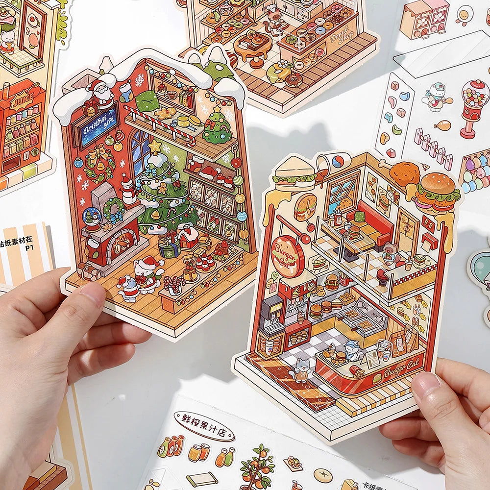 13 Pcs in 1 Book Cartoon 2.8D Landscape Sticker DIY Pocket Cabin Scene Stacking and Stick Stickers Gift for Kid Child Student Qme