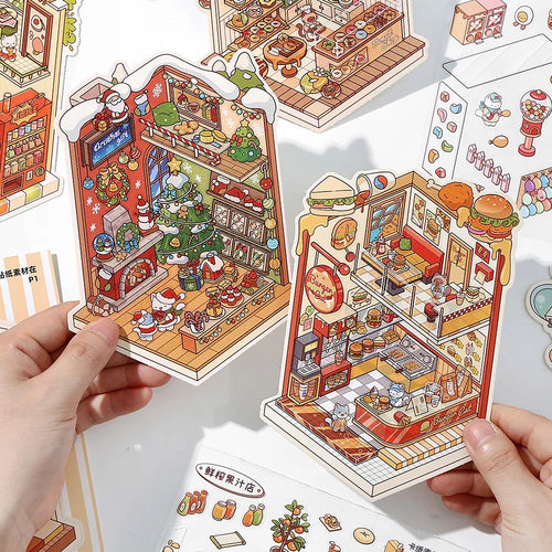 13 Pcs in 1 Book Cartoon 2.8D Landscape Sticker DIY Pocket Cabin Scene Stacking and Stick Stickers Gift for Kid Child Student Qme