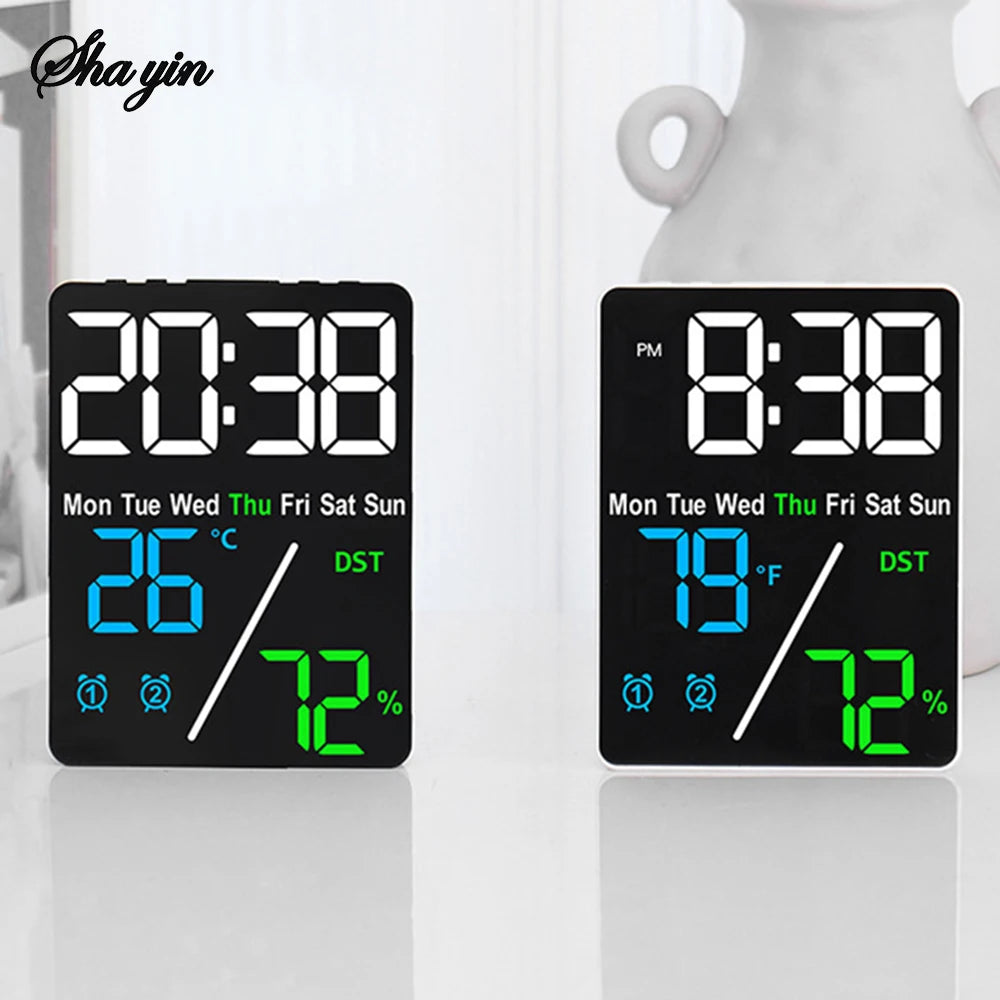 Digital Alarm Clock TEMP Humidity Date Week Disply 2 Alarm Snooze Electronic Table Clock 3-level Brightness 12/24H DST LED Clock Qme