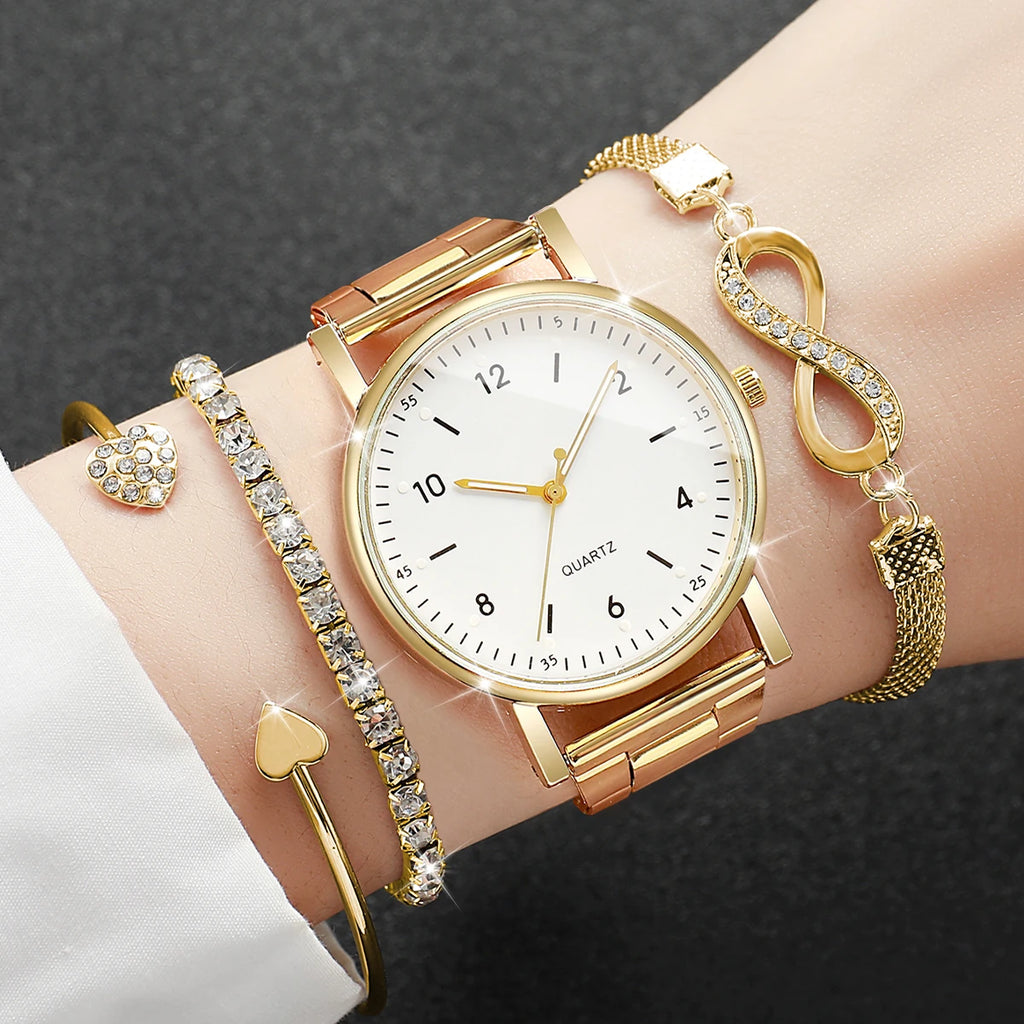 4PCS/Set Golden Simple Digital Disc Steel Belt Women's Watch Unlimited Diamond Set Bracelet Four Piece Set Qme
