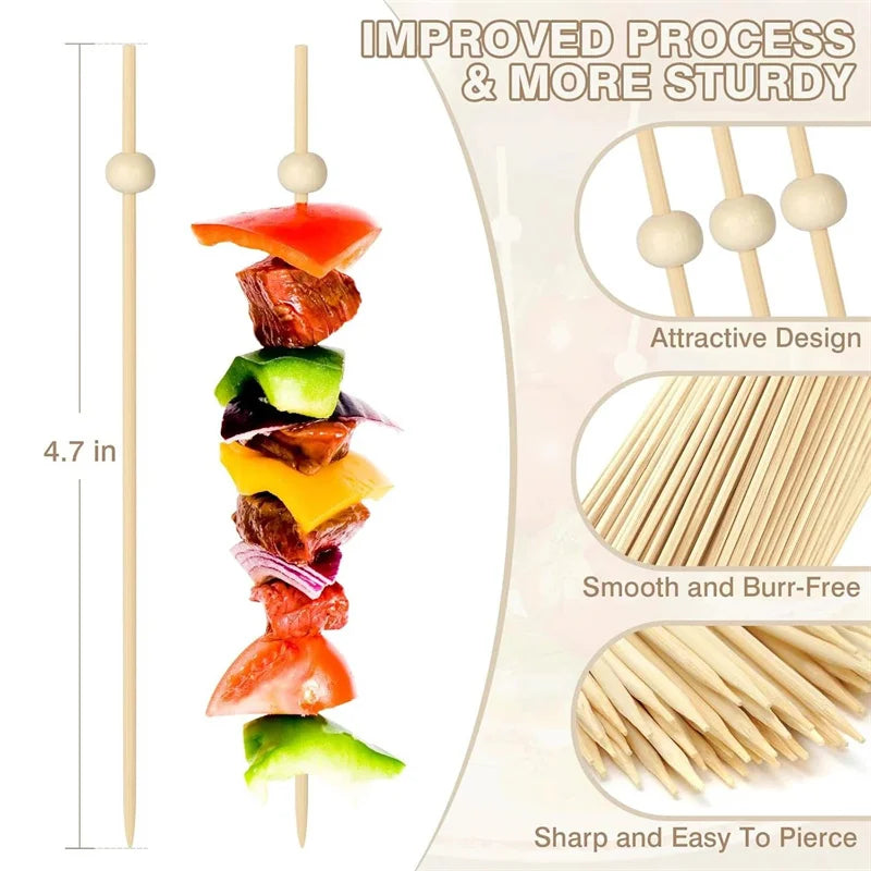 100Pcs Bamboo Fruit Fork Cocktail Prikker Skewers Disposable Fruit Fork Cocktail Prikkers Forks Food Picks Wedding Party Qme Beige