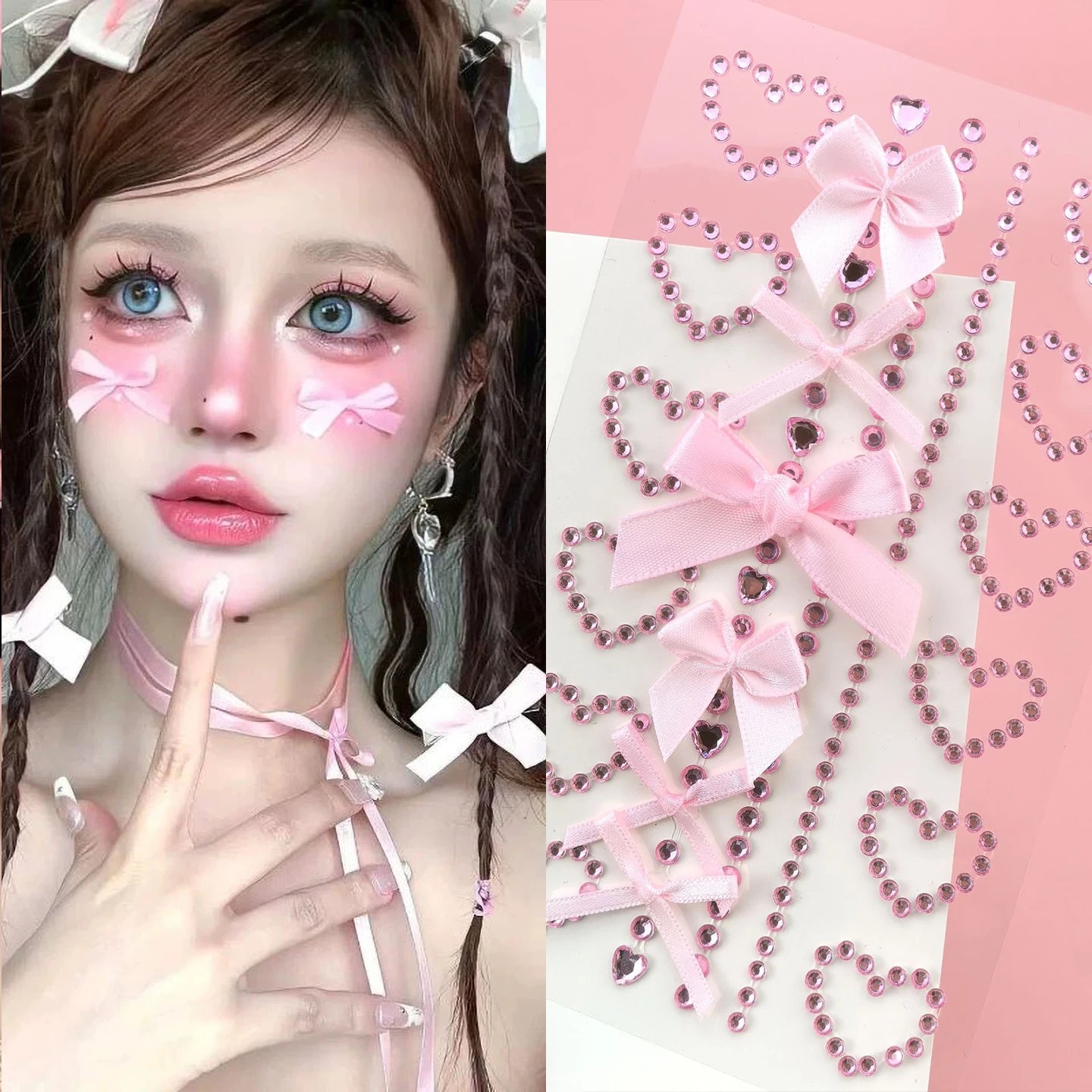White Ribbon Bow Fashon Pearl Face Stickers Hollow Heart Pink Crystal Diamond Tattoo Stickers Body Arts Party Festival Makeup Qme Pink