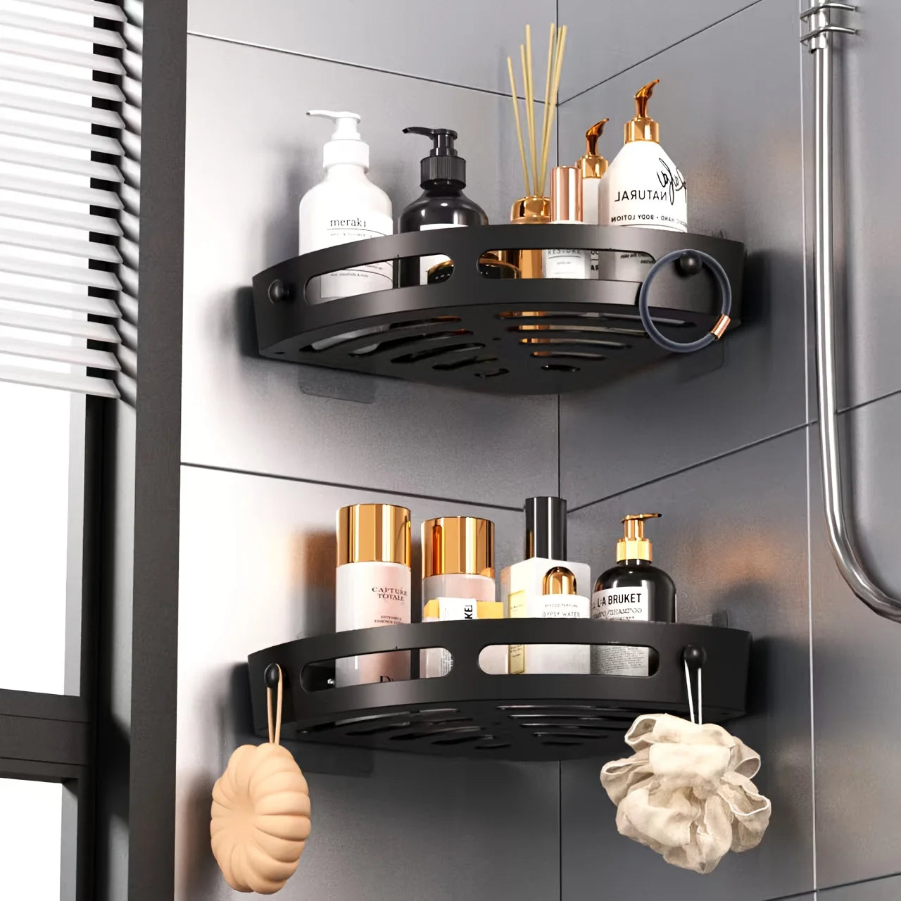 Corner Shower Caddy - No-Drill Adhesive Bathroom Storage Rack, Wall-Mounted Organizer for Shampoo & Essentials Qme Black