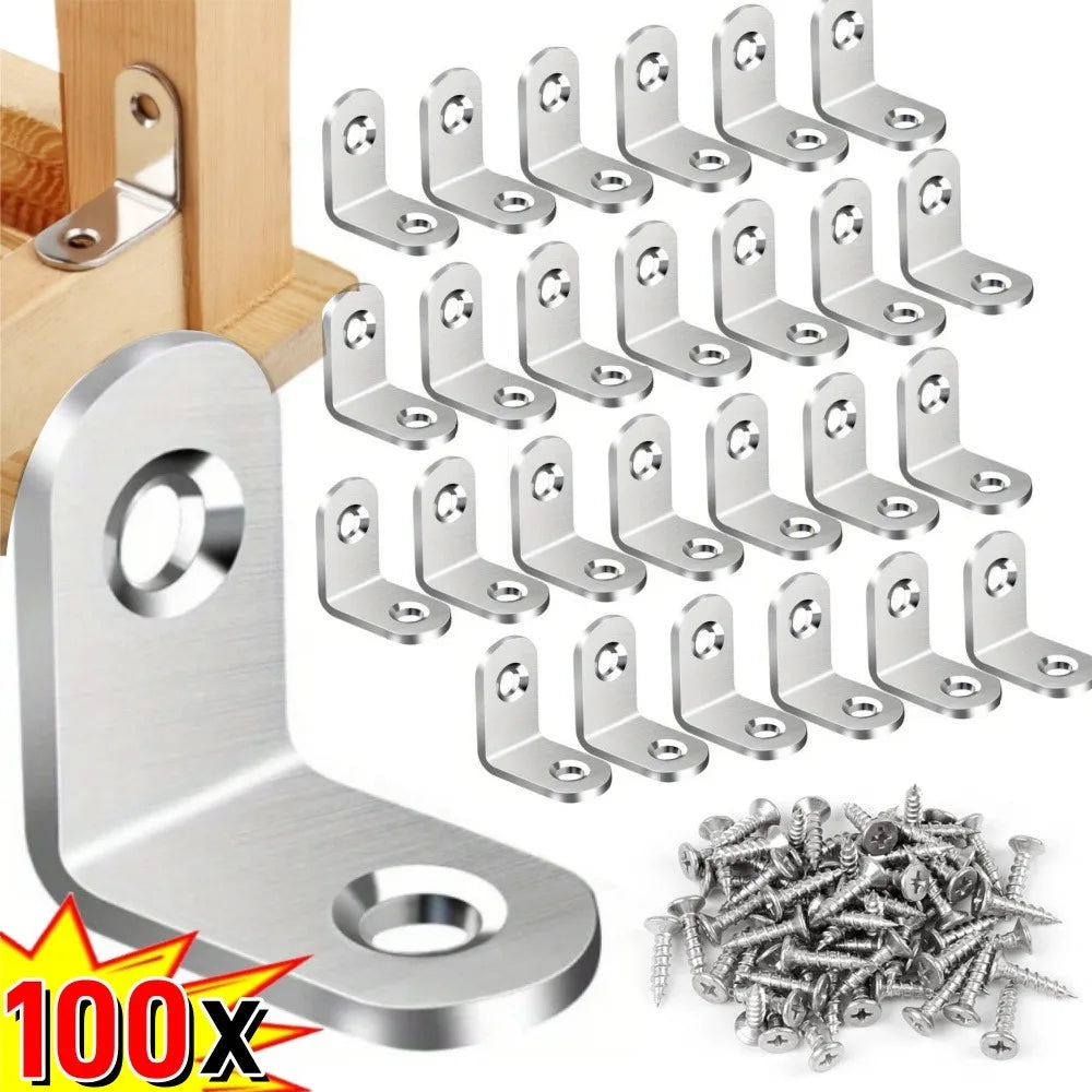 100-10PCS Stainless Steel L-shaped Corner Bracket 90 Degree Furniture Layer Board Fixed Connection Angle Bracket with Screws Qme